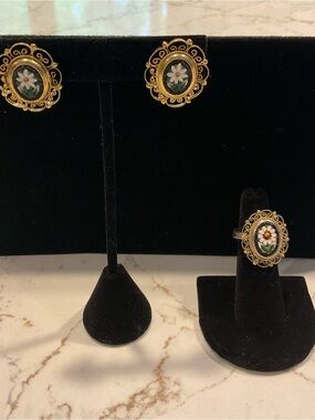 Vintage Italian Floral Micro Mosaic Ring & Earrings(clip)